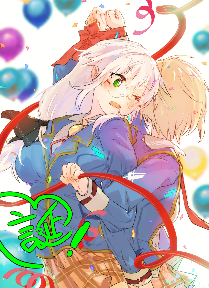 2girls absurdres balloon blonde_hair blue_jacket bolo_tie bound_together dometan0_0 glasses green_eyes grey_hair hair_ornament hair_over_one_eye hair_over_shoulder heaven_burns_red highres izumi_yuki_(heaven_burns_red) jacket kayamori_ruka locked_arms long_hair long_sleeves low-tied_long_hair multiple_girls plaid_clothes plaid_skirt round_eyewear shirt short_hair skirt white_shirt yuri