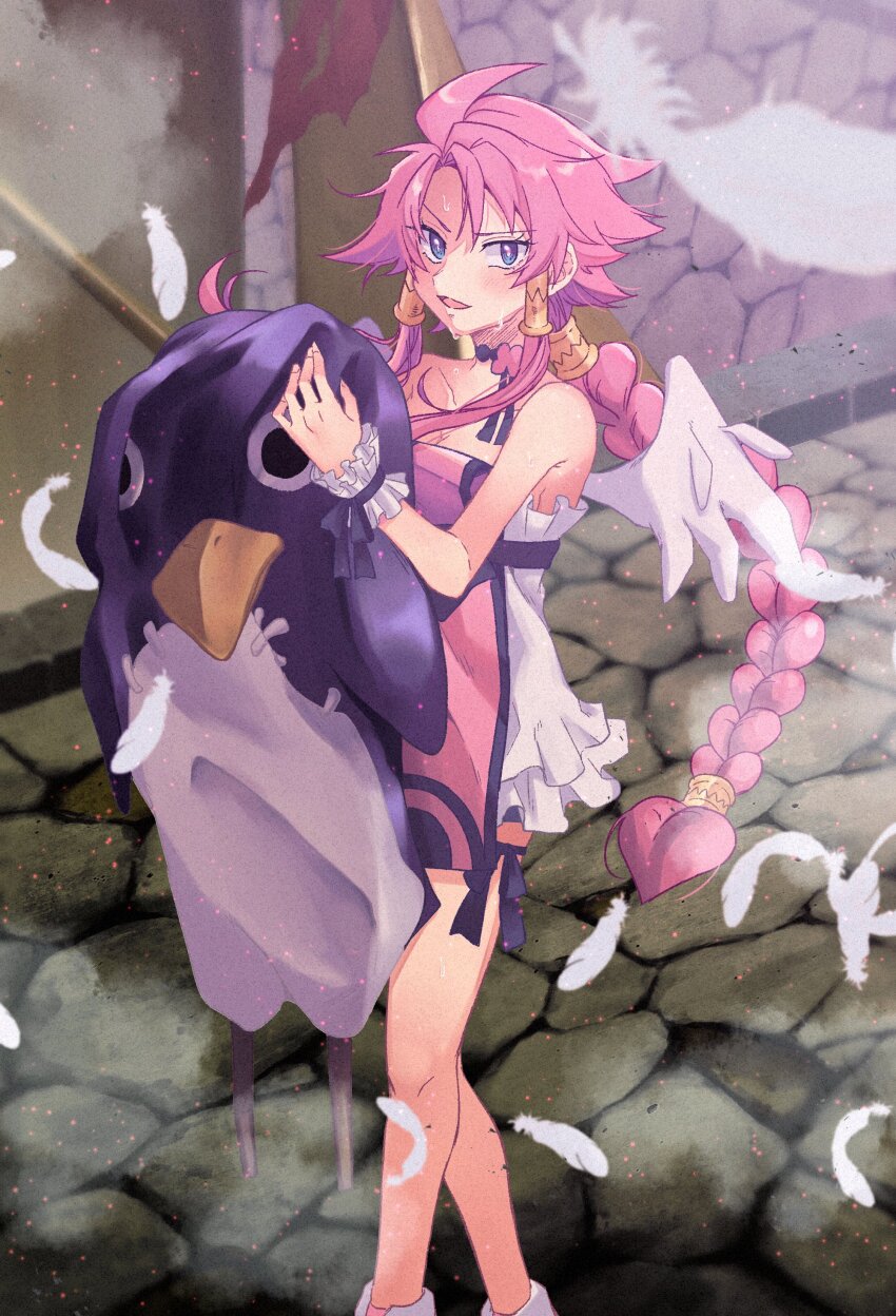 1girl absurdres angel_wings battle_of_blood blue_eyes blush braid breasts commentary_request costume disgaea dress feathered_wings feathers highres long_hair looking_at_viewer makai_senki_disgaea_4 pink_hair prinny short_dress small_breasts solo sweat vulcanus_(disgaea_4) white_wings wings