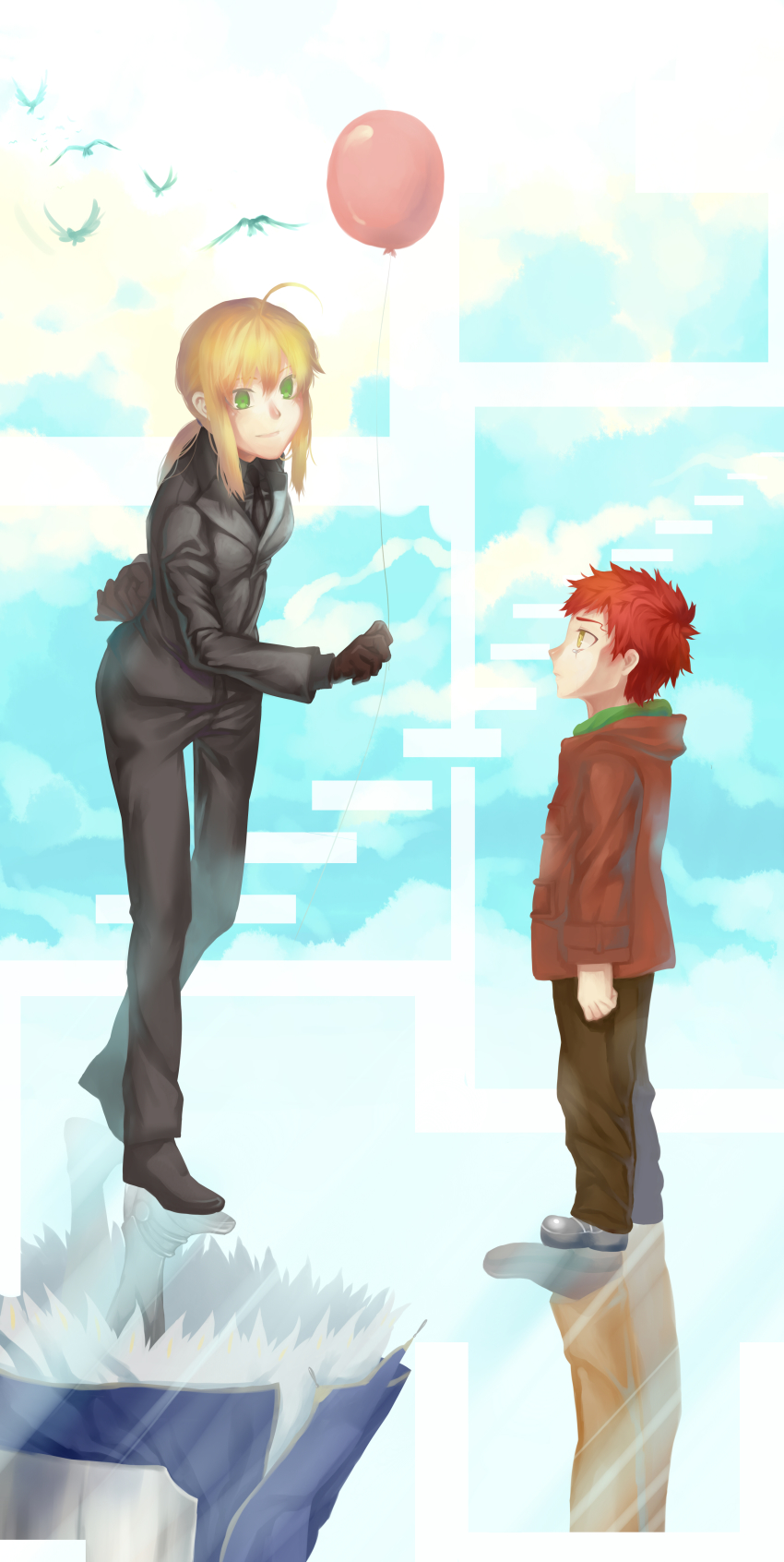 1boy 1girl absurdres age_difference ahoge armor artoria_pendragon_(fate) balloon bird blonde_hair crying emiya_shirou fate/stay_night fate/zero fate_(series) formal_clothes green_eyes highres lsunl red_hair reflection saber_(fate) suit tears yellow_eyes