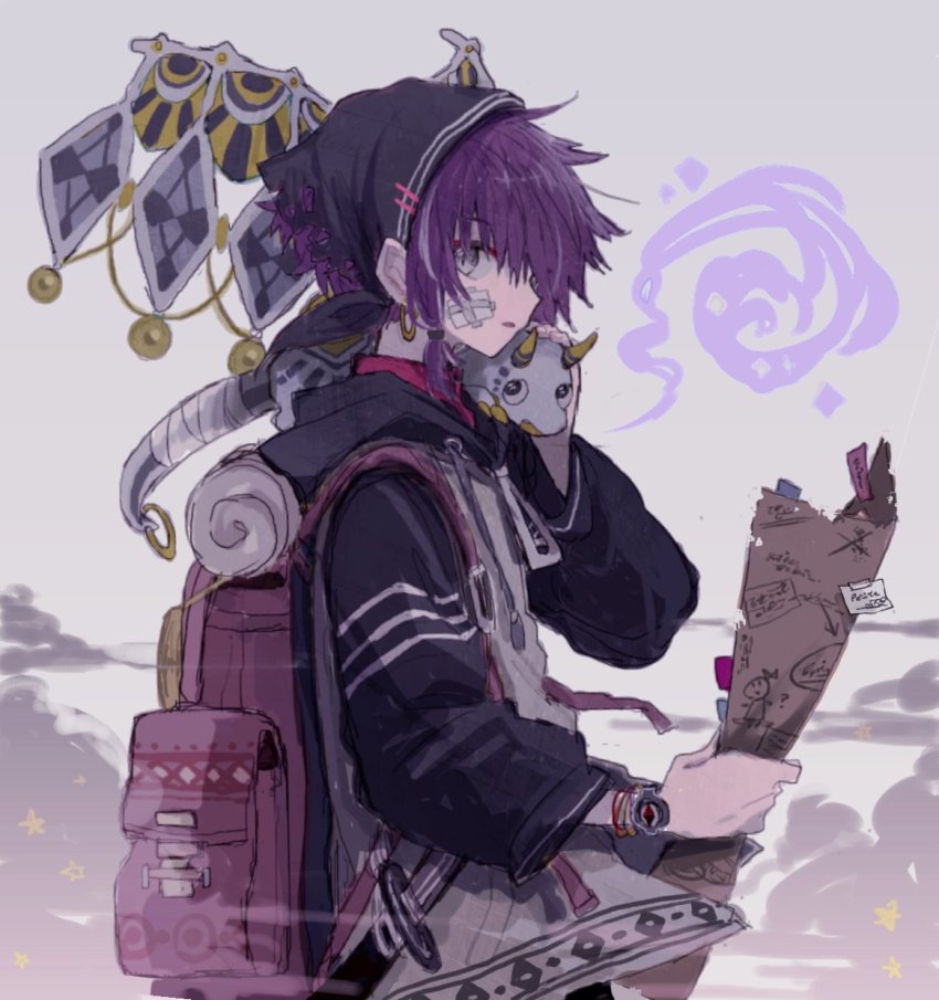 1girl azzz_(7334080) backpack bag bracelet cloud drawstring earrings female_focus grey_eyes highres holding hood hood_down hoodie horns jewelry long_sleeves original parted_lips pink_bag profile purple_hair solo star_(symbol) upper_body