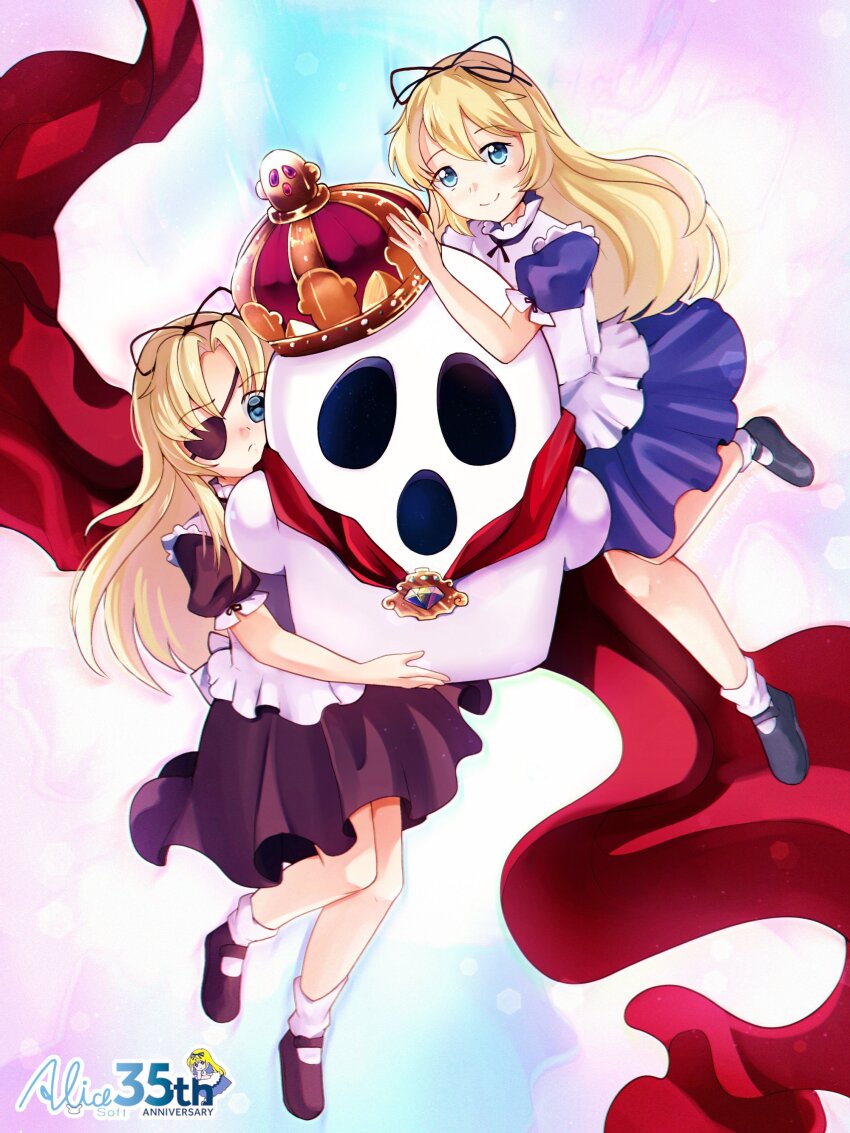 2girls absurdres alice_(alicesoft) alice_soft apron black_dress blonde_hair blue_dress blue_eyes blush cape crown dress dual_persona dungeon_toaster eyepatch full_body haniwa_(statue) hanny_king highres long_hair multiple_girls red_cape smile yami_alice