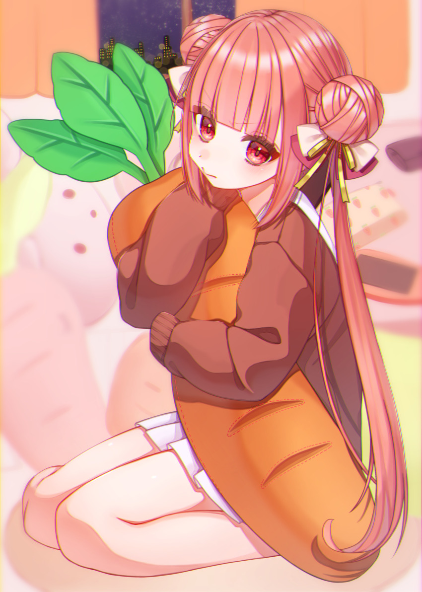 1girl absurdres blurry blurry_background brown_sweater carrot clip_studio_paint_(medium) closed_mouth commentary_request curtains double_bun hair_bun highres holding holding_carrot kneeling night night_sky original pleated_skirt rabbit red_eyes red_hair reimei_rei skirt sky sleeves_past_fingers sleeves_past_wrists solo sweater twintails white_skirt window