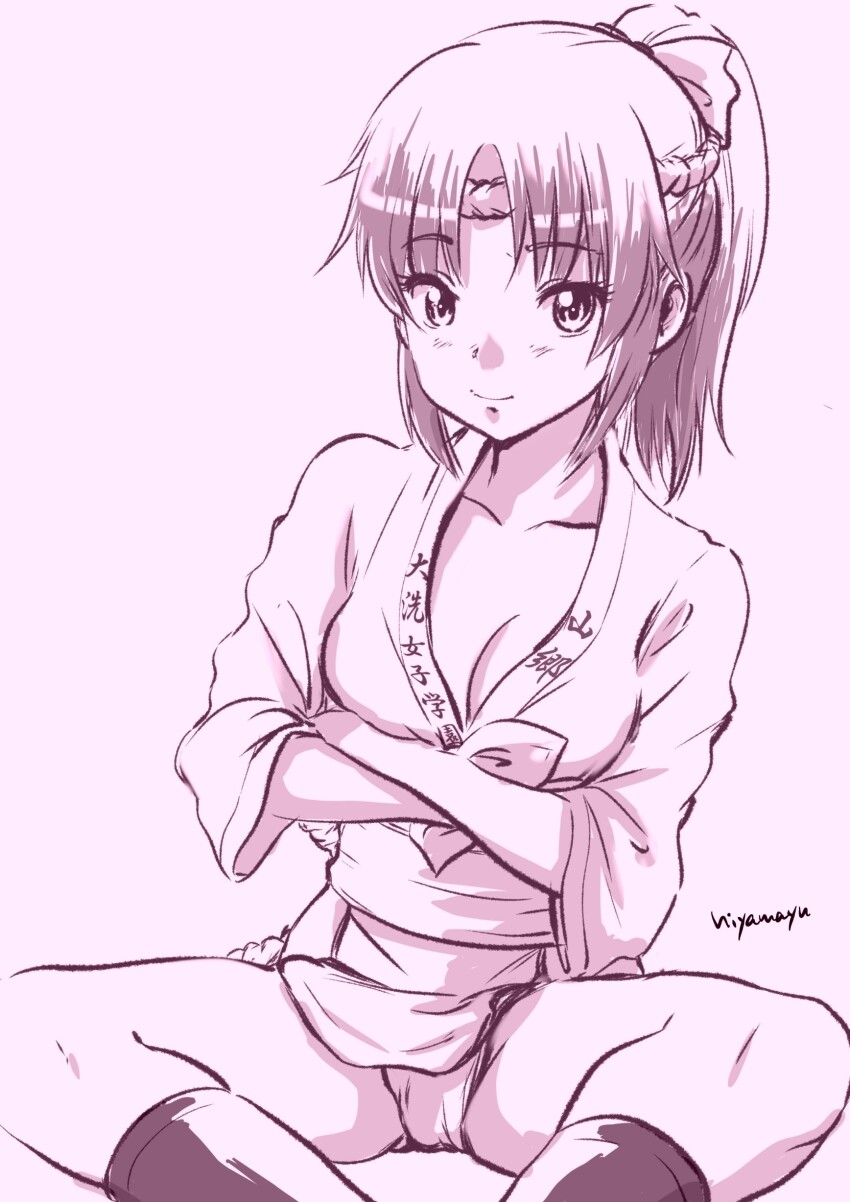 1girl absurdres blush breasts closed_mouth collarbone crossed_arms fundoshi girls_und_panzer highres hiyama_yuu_(wee259hiyama) japanese_clothes large_breasts lineart long_hair looking_at_viewer monochrome ponytail signature sketch smile solo yamagou_ayumi