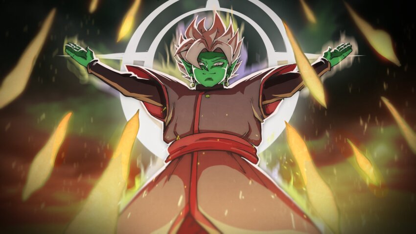 1boy black_bodysuit black_pants bodysuit colored_skin dragon_ball dragon_ball_super earrings fused_zamasu green_skin grey_eyes halo highres jewelry long_sleeves pants pointy_ears potara_earrings red_sash sash solo spiked_hair white_hair zerooart