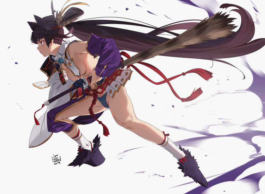 1girl absurdres armor asymmetrical_sleeves bare_shoulders battoujutsu_stance black_hair blue_eyes blue_gloves blue_panties breast_curtains breasts closed_mouth detached_sleeves drawing_sword fate/grand_order fate_(series) feather_hair_ornament feathers fighting_stance full_body gloves hair_ornament has_bad_revision has_downscaled_revision highres holding holding_sword holding_weapon japanese_armor katana kusazuri long_hair md5_mismatch medium_breasts mismatched_sleeves panties parted_bangs pom_pom_(clothes) profile ready_to_draw resolution_mismatch revealing_clothes rope sheath side_ponytail sideboob simple_background socks solo source_smaller sword underwear ushiwakamaru_(fate) very_long_hair weapon white_background white_socks wide_sleeves yd_(orange_maru)