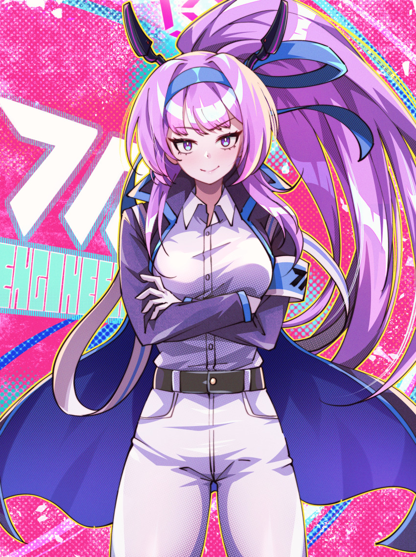 1girl absurdres belt blue_archive blue_headband collared_shirt cs_(connectedskyy) floating_headgear headband headgear highres long_sleeves official_alternate_costume official_alternate_hairstyle pants purple_eyes purple_hair shirt solo utaha_(blue_archive) utaha_(cheer_squad)_(blue_archive) white_pants white_shirt