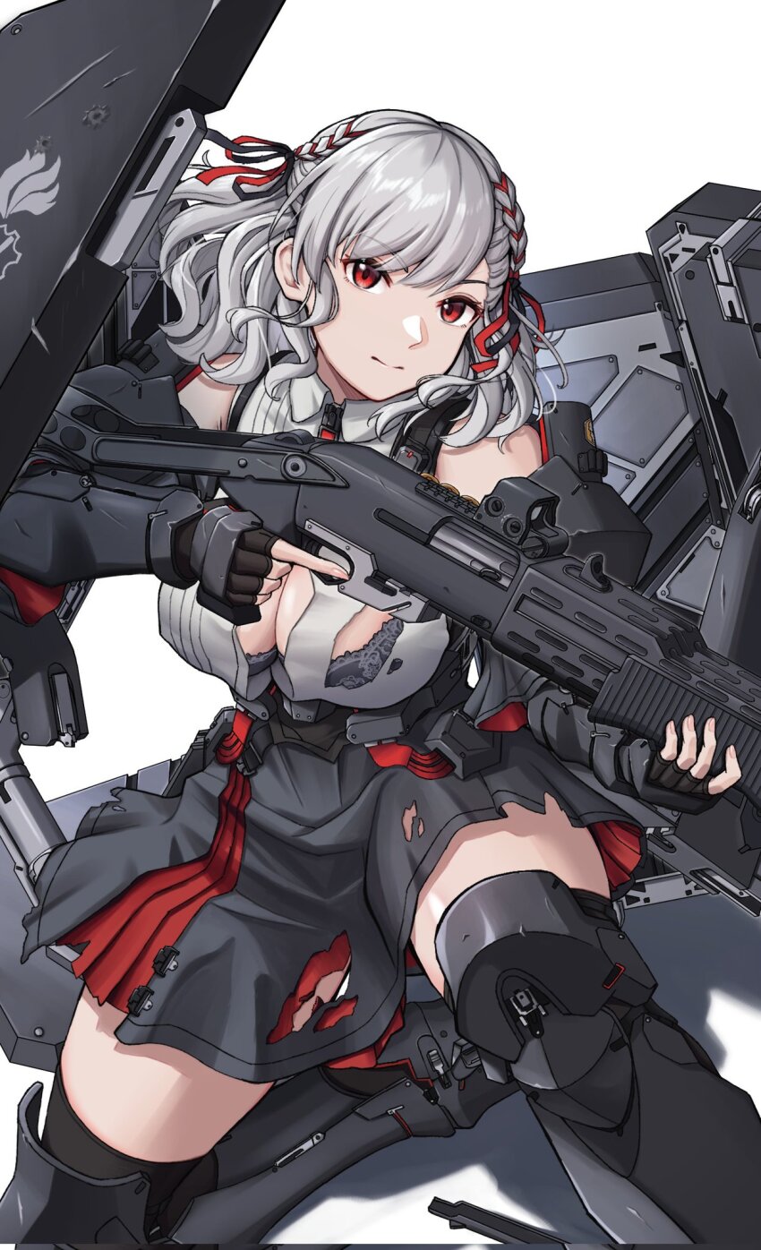 1girl arm_armor black_bra black_gloves black_ribbon black_skirt black_thighhighs bra bra_peek breasts citrus7763 cleavage closed_mouth commentary corrupted_twitter_file dual-mode_shotgun english_commentary fingerless_gloves girls&#039;_frontline gloves grey_hair gun hair_ribbon highres holding holding_gun holding_weapon leg_armor looking_at_viewer medium_hair on_one_knee pump-action_shotgun pump_action red_eyes red_ribbon red_skirt ribbon semi-automatic_shotgun shield_module shirt shotgun simple_background skirt solo spas-12 spas-12_(girls&#039;_frontline) spas-12_(mod3)_(girls&#039;_frontline) thighhighs torn_clothes torn_shirt torn_skirt trigger_discipline two-tone_ribbon two-tone_skirt underwear weapon white_background