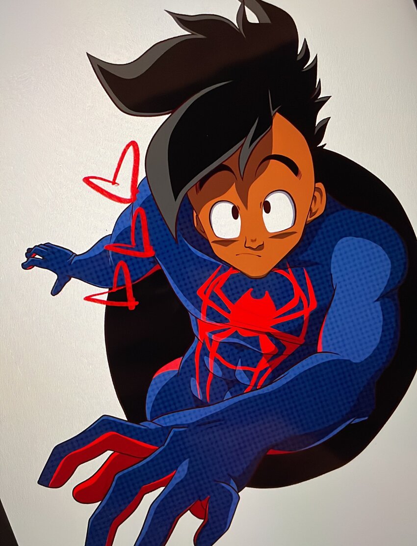 abs absurdres black_eyes black_hair cosplay dragon_ball dragon_ball_gt fighting_stance highres marvel miles_morales muscular muscular_male spider-man:_across_the_spider-verse spider-man_(miles_morales)_(cosplay) spider-man_(series) spider-verse tagme uub