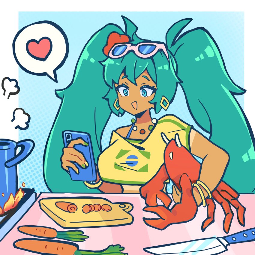 1girl absurdres animal aqua_eyes aqua_hair brazilian_miku breasts carrot cellphone crab dark-skinned_female dark_skin earrings food hatsune_miku highres jewelry knife large_breasts long_hair nails open_mouth phone sandi_icecream shirt smile speech_bubble t-shirt table twintails vocaloid