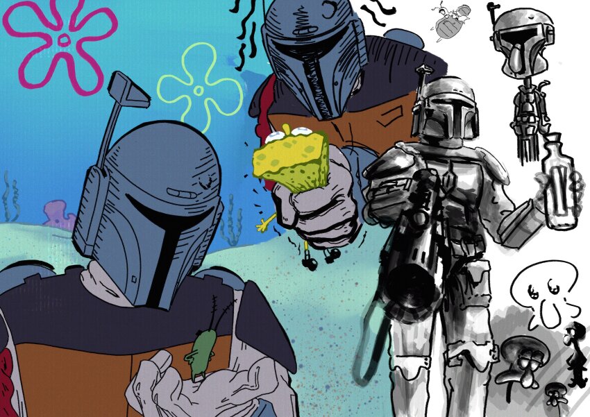 4boys absurdres annoyed boba_fett boba_fett_(cosplay) cosplay crossover giant gloves grey_gloves gun helmet highres holding holding_gun holding_weapon jj_rabbid looking_down mandalorian multiple_boys sheldon_j._plankton spongebob_squarepants spongebob_squarepants_(series) squidward_tentacles star_wars the_star_wars_holiday_special underwater weapon