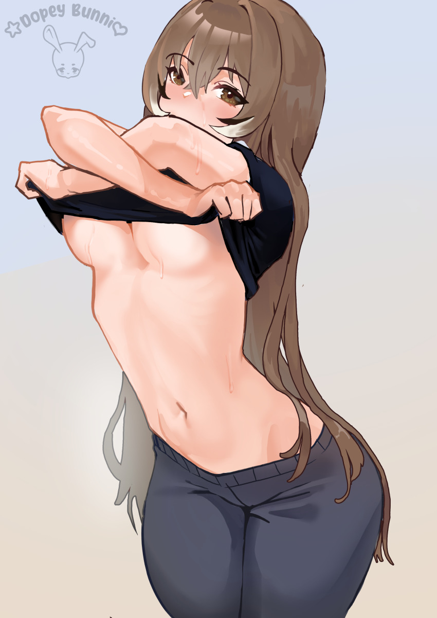 1girl absurdres artist_name belly black_shirt blush breasts brown_eyes brown_hair clothes_lift clothes_pull commentary cowboy_shot crossed_arms crossed_bangs denim dopeybunni english_commentary gradient_background grey_background groin hair_between_eyes highres hololive hololive_english hot jeans long_hair looking_at_viewer medium_breasts midriff nanashi_mumei navel no_bra pants shirt shirt_lift signature simple_background solo standing stomach sweat twitter_username underboob undressing very_long_hair virtual_youtuber