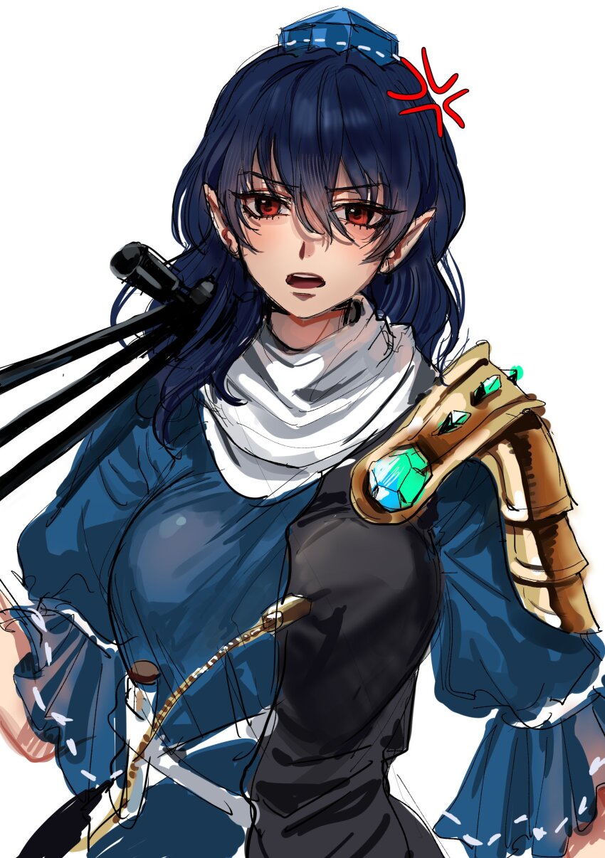 1girl absurdres anger_vein annoyed black_dress blue_dress blue_hair blue_headwear dress highres holding holding_tripod iizunamaru_megumu kuya_(hey36253625) long_hair looking_at_viewer open_mouth pom_pom_(clothes) red_eyes scarf sketch solo touhou tripod two-tone_dress white_background white_scarf