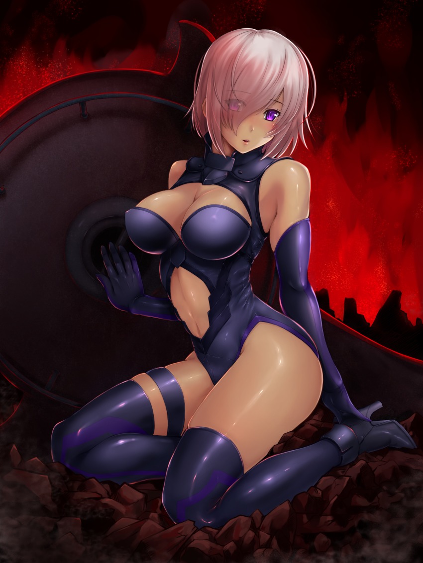 1girl :d backlighting bare_shoulders black_footwear blush breasts cleavage cleavage_cutout clothing_cutout elbow_gloves eyes_visible_through_hair fate_(series) gloves hair_over_one_eye high_heels highres large_breasts looking_at_viewer mash_kyrielight mash_kyrielight_(demi-servant) navel_cutout open_mouth parted_lips pink_hair purple_eyes purple_gloves purple_thighhighs rock shield shiny_skin shoes short_hair sitting smile taru_neko thigh_strap thighhighs thighs yokozuwari