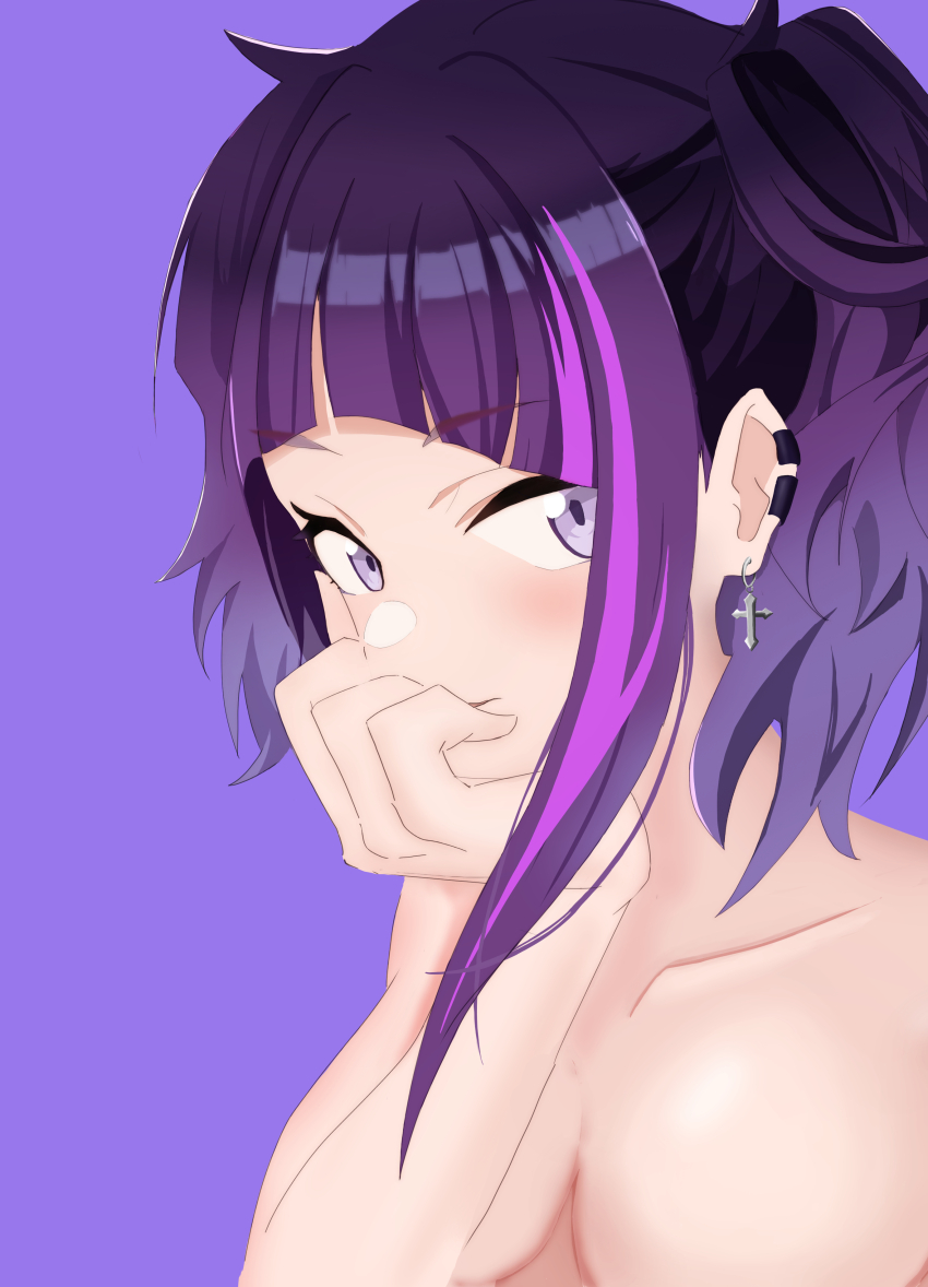 1girl absurdres arm_at_side artist_request clenched_hand collarbone completely_nude cross cross_earrings diagonal_bangs ear_piercing earrings eyelashes female_focus gradient_hair hand_on_own_face hand_up highres idolmaster idolmaster_shiny_colors jewelry light_blush long_hair looking_at_viewer looking_to_the_side matching_hair/eyes multicolored_hair namco neck no_bra nude out-of-frame_censoring parted_lips pendant piercing purple_background purple_eyes purple_hair sidelocks simple_background tanaka_mamimi topless_frame twintails upper_body