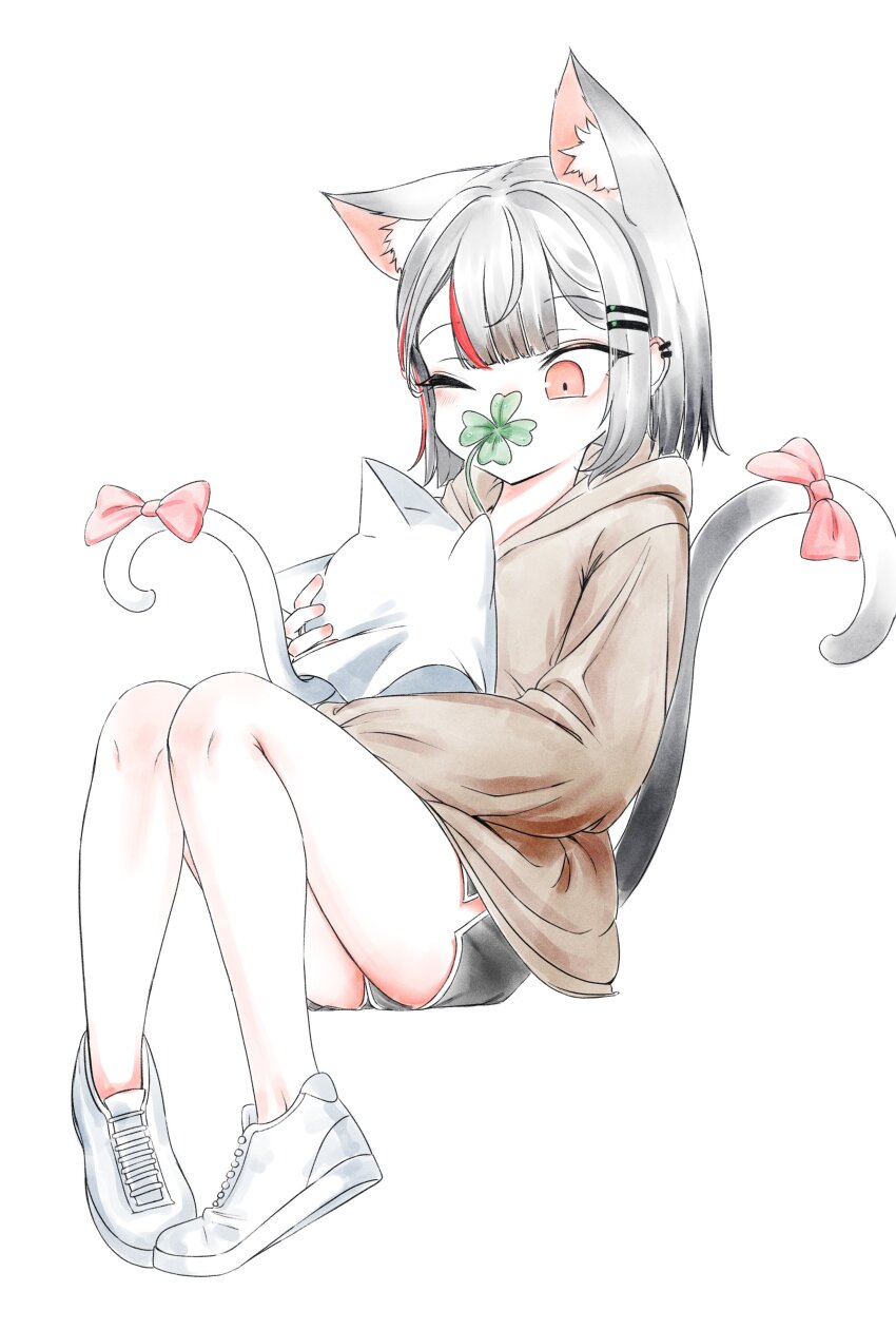 1girl absurdres animal_ears bare_legs black_shorts brown_hoodie cat_ears cat_girl cat_tail clover dolphin_shorts extra_ears four-leaf_clover full_body giving grey_hair highres hood hood_down hoodie invisible_chair long_sleeves maro_(neneko_mashiro) multicolored_hair neneko_mashiro one_eye_closed red_eyes red_hair short_hair short_shorts shorts simple_background sitting sseonyu stellive streaked_hair tail virtual_youtuber white_background white_footwear