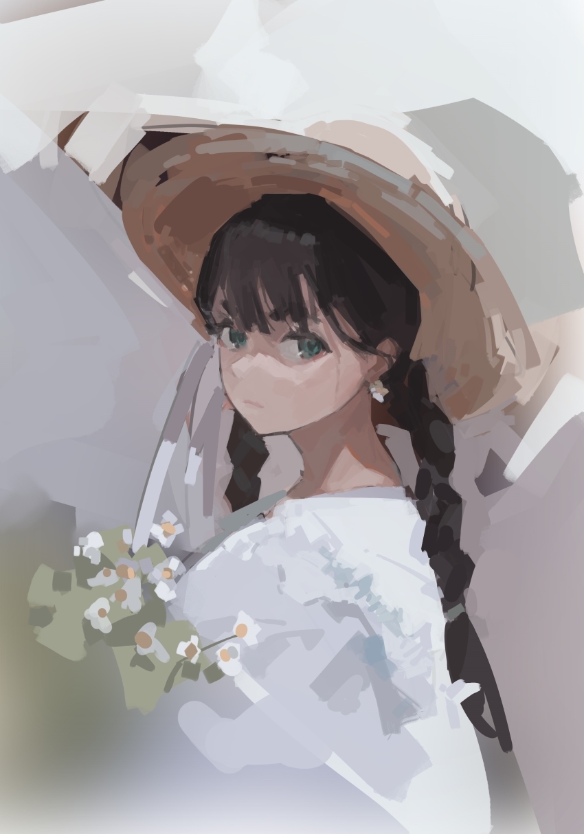 1girl absurdres blue_eyes blurry bouquet braid brown_hair closed_mouth commentary dress earrings expressionless flower flower_earrings grey_background hat highres holding holding_bouquet jewelry long_hair looking_at_viewer original solo sun_hat twin_braids upper_body white_dress zygocactus