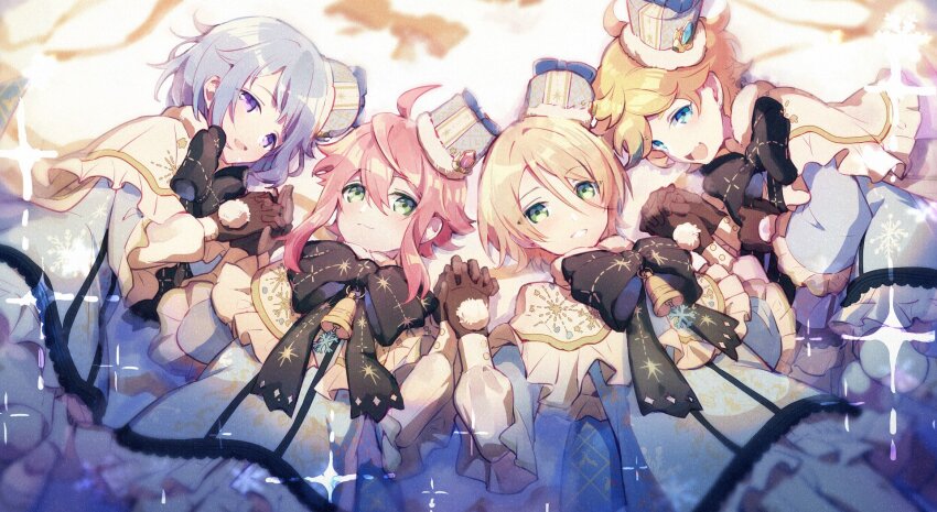 4boys androgynous bell black_bow blurry bow capelet depth_of_field ensemble_stars! film_grain frilled_capelet frills from_above fur-trimmed_collar fur-trimmed_headwear fur_trim gloves haiyanjiatang harukawa_sora hat highres himemiya_tori himemiya_tori_(brancho_brancho) holding_hands large_bow long_sleeves looking_at_viewer lying male_focus matching_outfits mini_hat multiple_boys on_back on_floor on_side open_mouth pants shino_hajime shiratori_aira_(ensemble_stars!) side-by-side smile star_(symbol) tareme