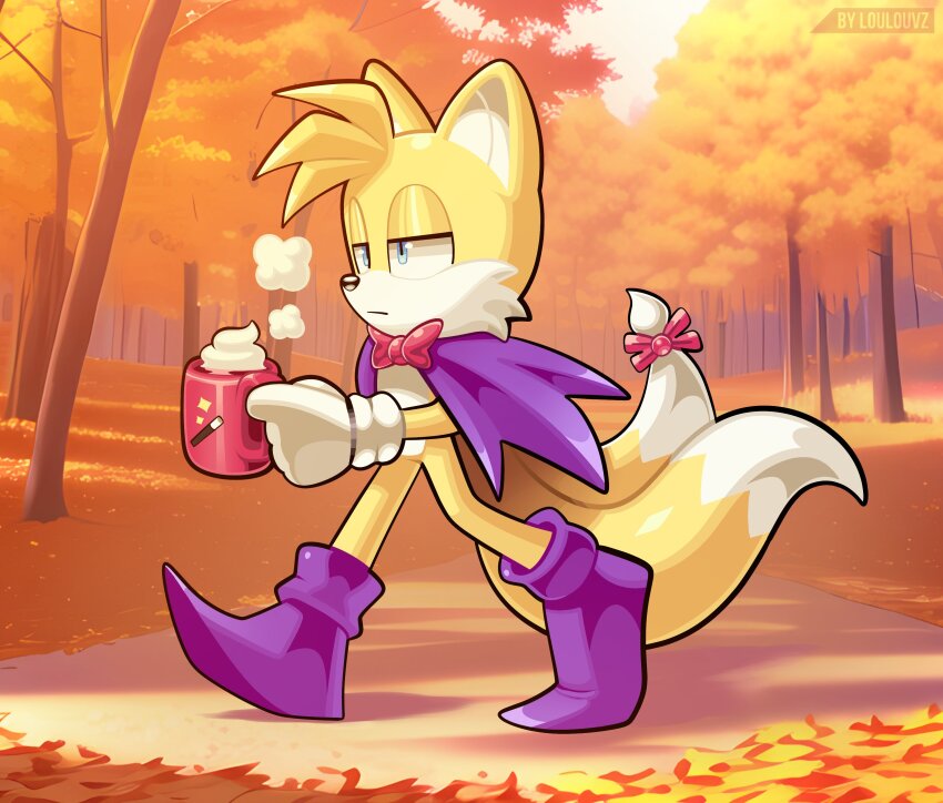 1boy absurdres alternate_costume animal_ears animal_nose autumn blue_eyes bow cape cup expressionless fox_boy fox_ears fox_tail full_body furry furry_male gloves half-closed_eyes highres holding holding_cup looking_to_the_side loulou_vz multiple_tails orange_fur outdoors purple_cape purple_footwear red_bow solo sonic_(series) standing tail tails_(sonic) two_tails whipped_cream white_fur white_gloves