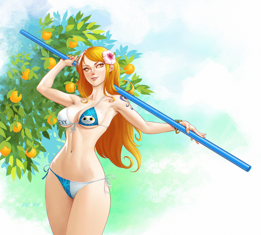 1girl arm_tattoo artist_name bare_shoulders bikini bikini_top_only breasts closed_mouth commentary english_commentary flower food fruit hair_flower hair_ornament hibiscus highres holding holding_polearm holding_staff holding_weapon large_breasts long_hair mandarin_orange midriff mole mole_on_breast nami_(one_piece) navel one_piece orange_eyes orange_hair outdoors polearm side-tie_bikini_bottom smile solo staff suddakka swimsuit tattoo variant_set weapon