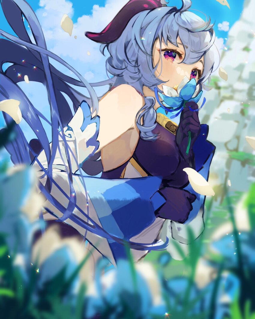 1girl ahoge bare_shoulders bell black_gloves blue_flower blue_hair bow breasts detached_sleeves field flower flower_field ganyu_(genshin_impact) genshin_impact glaze_lily gloves highres holding holding_flower horns long_hair looking_at_viewer medium_breasts mountain nachoz_(nachozart) neck_bell outdoors purple_eyes sidelocks solo upper_body white_sleeves