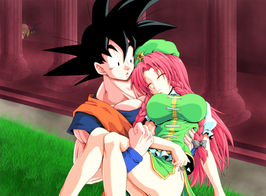 1boy 2girls black_eyes black_hair braid breasts carrying chinese_clothes crossover dragon_ball dragonball_z closed_eyes flandre_scarlet grass hat highres hong_meiling kamishima_kanon large_breasts legs multiple_girls peeking_out pillar princess_carry red_hair short_hair son_goku star_(symbol) touhou twin_braids wings