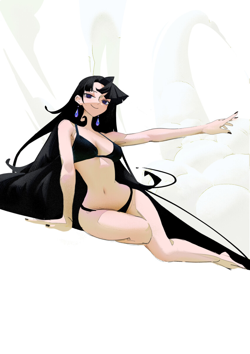 1girl absurdres arm_support arm_up bare_arms bare_legs bare_shoulders barefoot bikini black_bikini black_eyes black_hair black_nails blunt_bangs breasts chinese_commentary cleavage closed_mouth collarbone commentary_request earrings eyelashes ga_is heart heart-shaped_pupils highres jewelry long_hair looking_at_viewer medium_breasts navel on_floor original sidelocks sitting smile solo swimsuit symbol-shaped_pupils very_long_hair