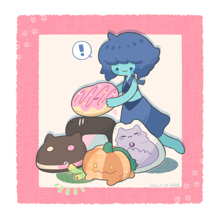 ! 1girl amethyst_(steven_universe) blue_hair blue_skin blue_skirt character_cookie closed_mouth colored_skin dated doughnut drop_shadow food garnet_(steven_universe) holding holding_doughnut holding_food karin_(100100) lapis_lazuli_(steven_universe) pawpads pink_background short_hair signature skirt smile solo spoken_exclamation_mark steven_universe