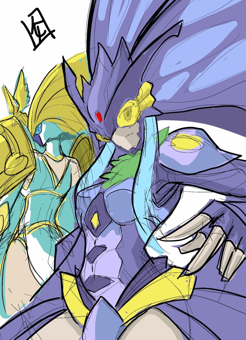 2girls ancientirismon armor blonde_hair blue_eyes bug digimon digimon_frontier female_focus head_wings helmet highres hudiemon looking_back looking_to_the_side mask multiple_girls shoulder_pads visor_(armor) wings