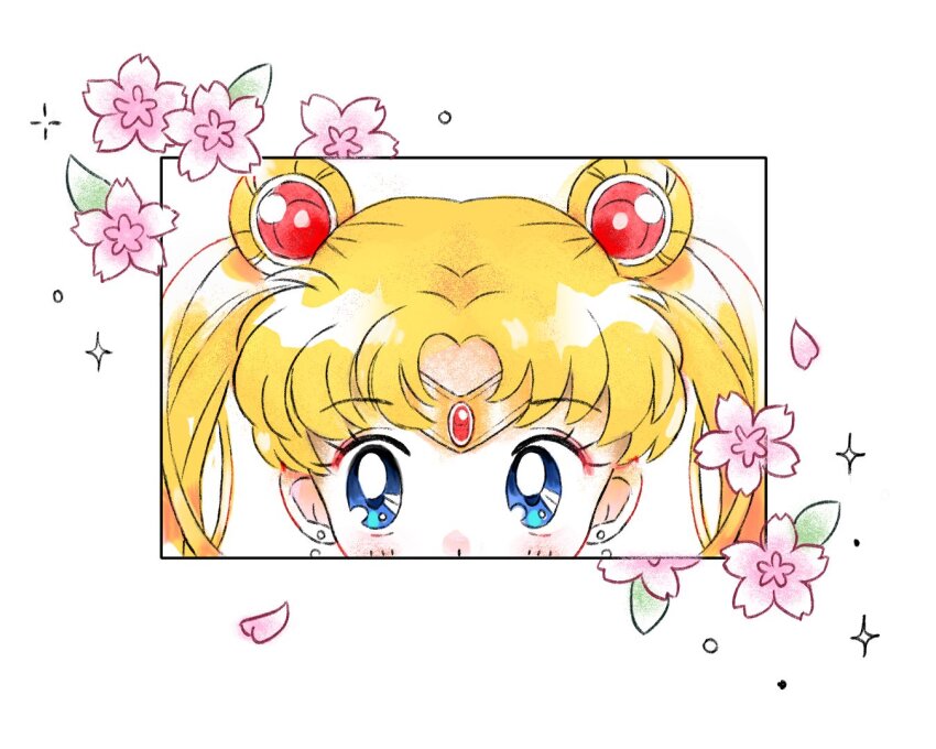 1girl bishoujo_senshi_sailor_moon blonde_hair blue_eyes carrutsoup cherry_blossoms circlet double_bun earrings hair_bun hair_ornament jewelry looking_at_viewer parted_bangs sailor_moon solo tsukino_usagi twintails