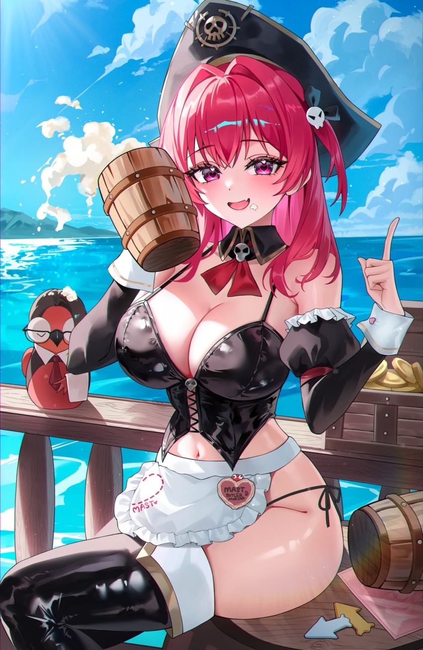 1girl absurdres apron barrel beer_mug bicorne bikini black_corset black_hat black_sleeves blue_sky blush bottle breasts character_name cleavage cloud cloudy_sky commentary corset cup detached_sleeves frilled_apron frills goddess_of_victory:_nikke hair_intakes hair_ornament hat heart heart_in_eye highres holding holding_cup index_finger_raised juliet_sleeves large_breasts long_hair long_sleeves looking_at_viewer maid_apron mast_(nikke) mast_(romantic_maid)_(nikke) mella_(mell_a12) mug navel navel_peek ocean official_alternate_costume official_alternate_hairstyle open_mouth pirate_hat puffy_sleeves red_hair side-tie_bikini_bottom sitting skull_hair_ornament sky smile solo swimsuit symbol-only_commentary symbol_in_eye two_side_up waist_apron