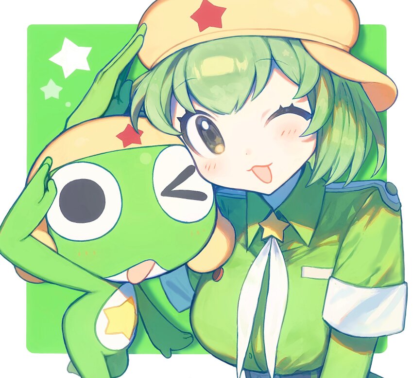 :d absurdres arm_up blush border dot_nose dual_persona elbow_gloves gloves green_background green_hair green_shirt happy hat highres keroaka97 keroro keroro_gunsou looking_at_viewer neckerchief one_eye_closed open_mouth outside_border personification salute shirt short_hair short_sleeves smile star_(symbol) star_in_eye symbol_in_eye upper_body white_border white_gloves white_neckerchief yellow_eyes yellow_hat