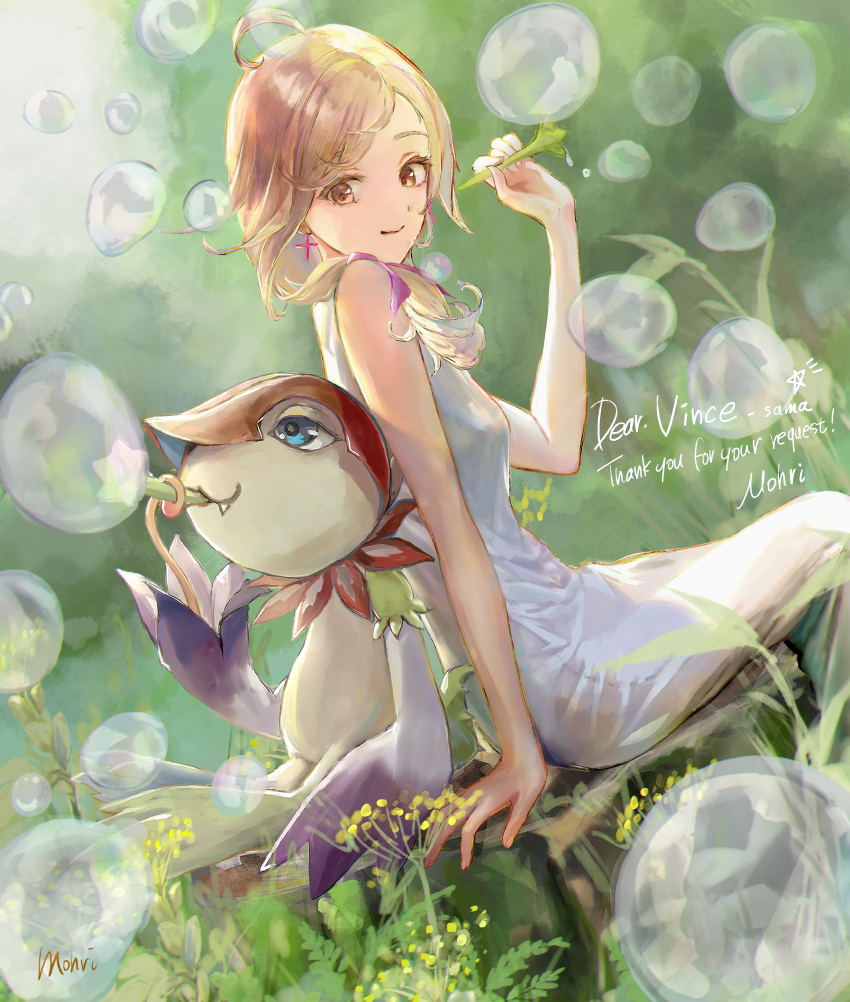 1girl absurdres blonde_hair bubble digimon digimon_(creature) floramon highres kimishima_saki long_hair petals