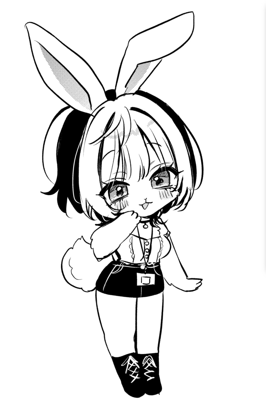 1girl akiyama_enma animal_ears blush boots breasts chibi chibi_only commentary cross-laced_footwear full_body greyscale high_contrast highres kemonomimi_mode lace-up_boots large_breasts miniskirt monochrome noa-senpai_wa_tomodachi. pencil_skirt rabbit_ears rabbit_girl rabbit_tail saotome_noa shirt short_hair short_sleeves simple_background skirt solo tail white_background