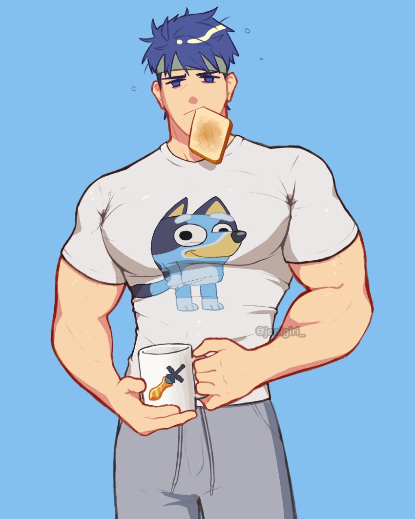 1boy absurdres bandit_heeler bara blue_eyes blue_hair bluey bread bread_slice covered_pectorals cup fire_emblem fire_emblem:_radiant_dawn food food_in_mouth green_headband grey_pants headband highres holding holding_cup ike_(fire_emblem) jon_(jonigiri) large_pectorals male_focus mouth_hold muscular muscular_male nintendo pants pectorals ragnell shirt short_hair simple_background tight_clothes tight_shirt toast toast_in_mouth twitter_username