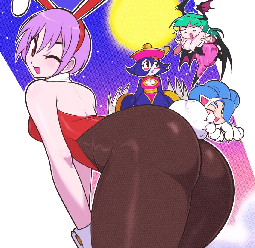 4girls \n/ absurdres alternate_costume animal_ears animal_print ass bare_shoulders bat_print black_boots blue_eyes blue_hair blue_skin blunt_bangs blush boots breasts brown_pantyhose cat_ears cleavage cleavage_cutout clothing_cutout colored_skin darkstalkers fang felicia_(darkstalkers) green_hair highres hsien-ko jeff_miga large_breasts leotard lilith_(darkstalkers) long_hair long_sleeves looking_at_another looking_at_viewer morrigan_aensland multiple_girls one_eye_closed open_mouth pantyhose pink_hair playboy_bunny purple_pantyhose red_eyes red_leotard short_hair sleeves_past_wrists small_breasts smile wrist_cuffs