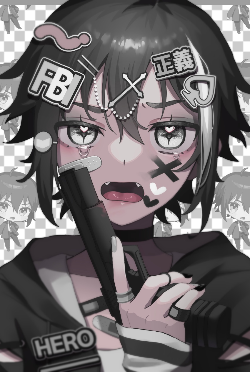 +_+ 1boy absurdres aruminsuko bandaid black_hair black_nails choker crying fangs goth_fashion grey_eyes gun hair_ornament hairclip heart highres jewelry long_sleeves looking_at_viewer male_focus nail_polish original ring striped_sleeves tearing_up tears weapon