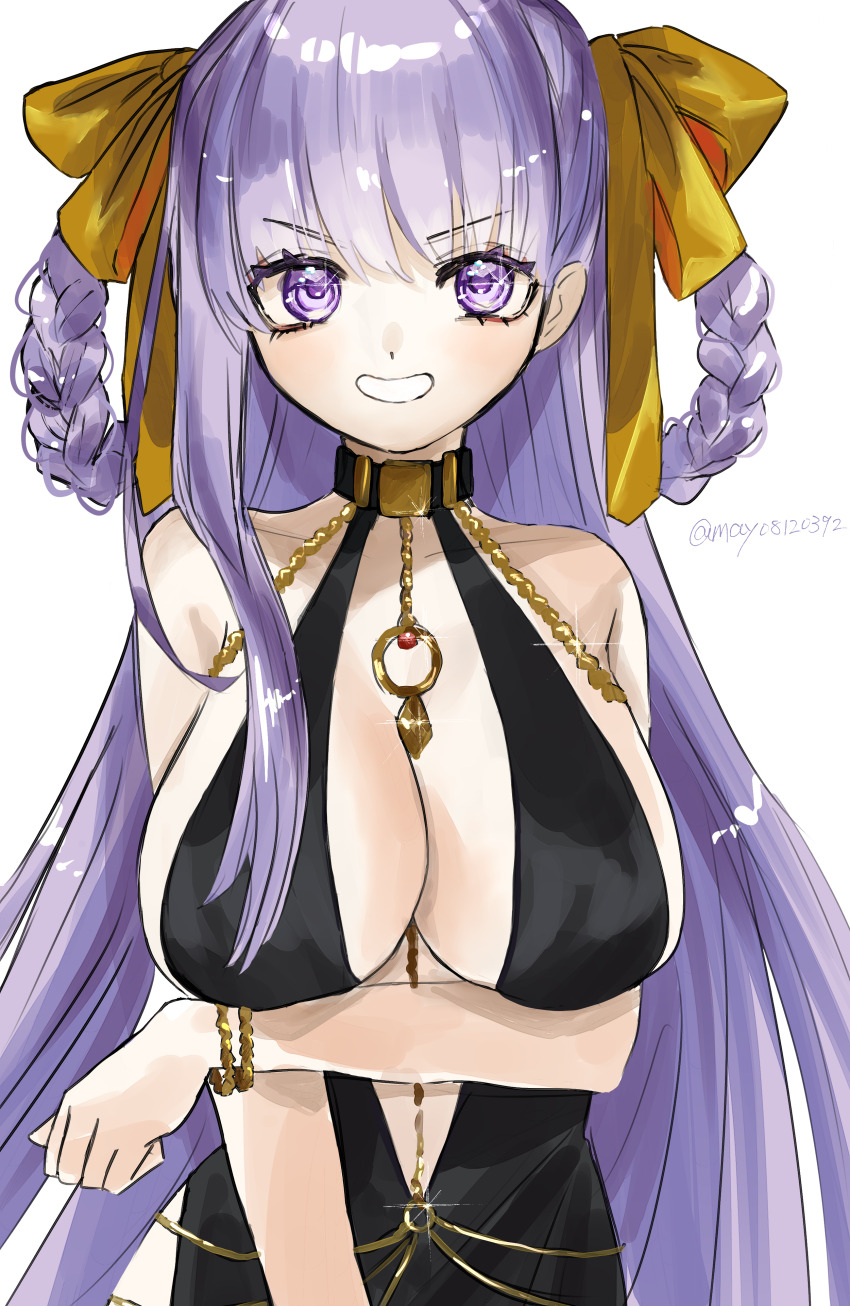 1girl absurdres bare_shoulders bb_(fate) bb_dubai_(fate) belly_chain black_dress blush braid braided_hair_rings breasts center_opening cleavage dress fate/grand_order fate_(series) grin hair_ribbon hair_rings highres jewelry large_breasts long_hair looking_at_viewer necklace purple_eyes purple_hair ribbon skeymd smile solo twin_braids very_long_hair yellow_ribbon