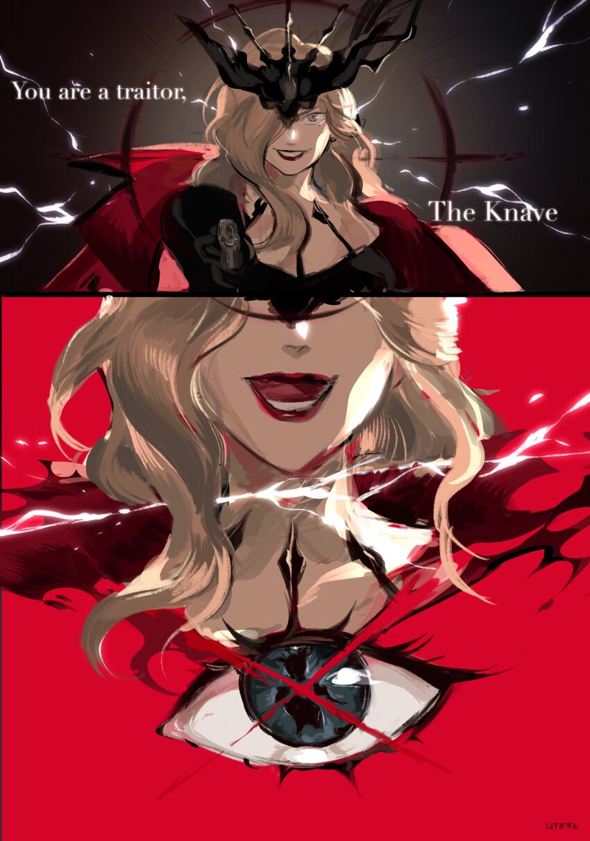 absurdres black_background black_dress blonde_hair blue_eyes cape dress earrings english_text genshin_impact highres izyumn jewelry mask red_cape red_lips signora_(genshin_impact) tagme