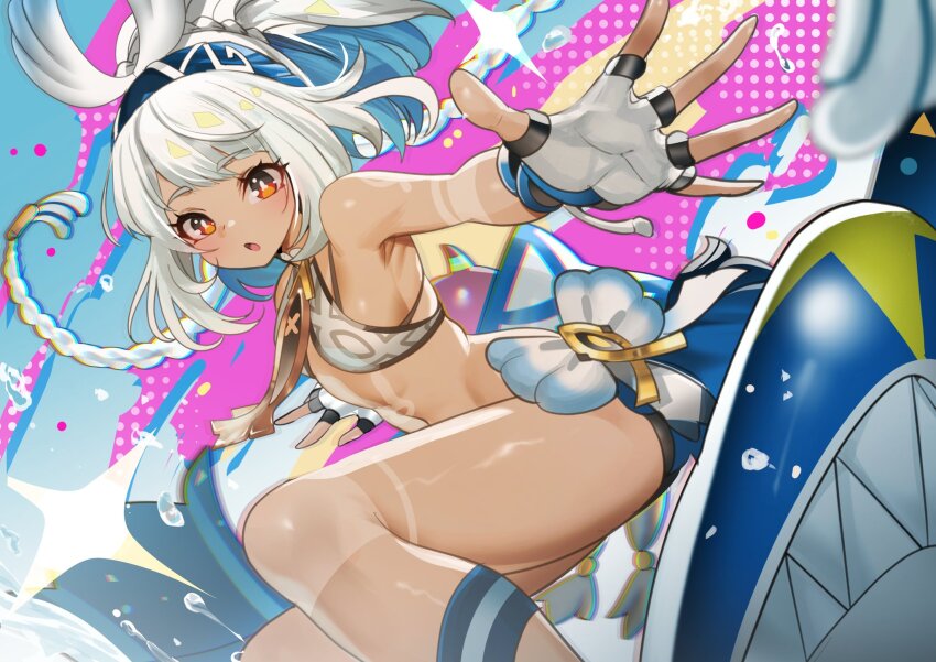 1girl bare_shoulders blue_hair blue_hairband braid dark_skin flat_chest genshin_impact gloves hairband hawaiian_clothes highres long_hair looking_at_viewer mualani_(genshin_impact) multicolored_hair open_mouth orange_eyes smile surfing tan teddypocky twin_braids water white_hair