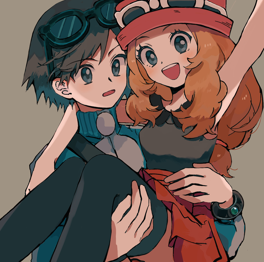 1boy 1girl :d arm_around_neck black-framed_eyewear black_hair black_shirt black_thighhighs blue_jacket blush calem_(pokemon) carrying carrying_person creatures_(company) eyelashes game_freak glasses grey_background grey_eyes hat highres jacket light_brown_hair long_hair nintendo open_mouth pink_hat pleated_skirt pokemon pokemon_xy princess_carry red_skirt serena_(pokemon) shirt short_hair simple_background skirt sleeveless sleeveless_shirt smile sunglasses teeth thighhighs turtleneck turtleneck_jacket tyou08665851 upper_teeth_only white-framed_eyewear