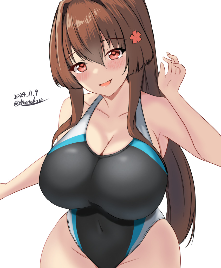 1girl black_one-piece_swimsuit breasts brown_hair commentary_request competition_swimsuit covered_navel dated flower hair_ornament highres impossible_clothes impossible_swimsuit kantai_collection large_breasts long_hair montemasa multicolored_clothes multicolored_swimsuit one-piece_swimsuit open_mouth ponytail smile swimsuit twitter_username two-tone_swimsuit yamato_(kancolle)