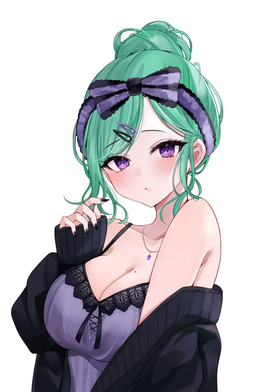 1girl bare_shoulders black_cardigan black_nails blush bow_hairband breasts camisole cardigan cardigan_partially_removed cleavage collarbone commentary fingernails green_hair hair_bun hair_ornament hairband hairclip highres jewelry kimisoraame lace-trimmed_camisole lace_trim large_breasts lips long_sleeves looking_at_viewer mole mole_on_breast nail_polish necklace official_alternate_costume official_alternate_hairstyle open_cardigan open_clothes purple_camisole purple_eyes simple_background single_hair_bun sleepwear solo swept_bangs symbol-only_commentary upper_body virtual_youtuber vspo! white_background yakumo_beni yakumo_beni_(5th_costume)