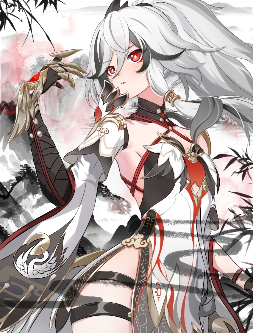 1girl absurdres black_collar black_gloves black_hair breasts chinese_commentary clawed_gauntlets collar commentary_request cowboy_shot criss-cross_straps detached_sleeves diamond-shaped_pupils diamond_(shape) dress feather_hair_ornament feathers fu_hua fu_hua_(crane_of_taixuan) fu_hua_(garuda) gloves hair_between_eyes hair_ornament hand_up high_ponytail highres honkai_(series) honkai_impact_3rd limited_palette looking_ahead m78_zaitaoaotezhanshi medium_breasts multicolored_hair orange_pupils parted_lips red_eyes side_slit solo streaked_hair symbol-shaped_pupils thigh_strap thighs white_dress white_hair white_sleeves