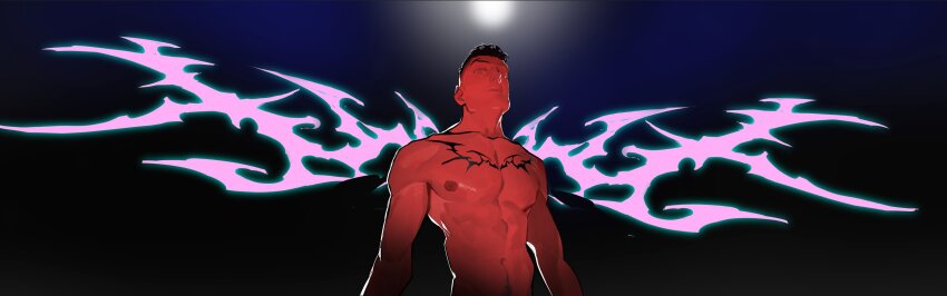 1boy absurdres bad_id bad_twitter_id bara demon_wings highres looking_at_viewer male_focus moonlight muscular muscular_male navel_hair nipples nude original ryushin_20000 short_hair shredded_muscles solo upper_body v-taper wings