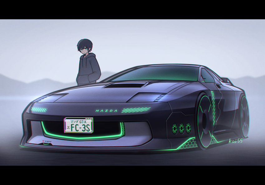 1boy black_border black_car black_hair blue_sweater border car closed_mouth commentary_request cyberpunk drawstring fog green_trim grey_eyes grey_sky hands_in_pockets highres hologram hood hoodie kai55 letterboxed license_plate mazda mazda_rx-7 mazda_rx-7_fc motor_vehicle mountainous_horizon neon_lights original outdoors pop-up_headlights short_hair signature sky solo sports_car sweater vehicle_focus