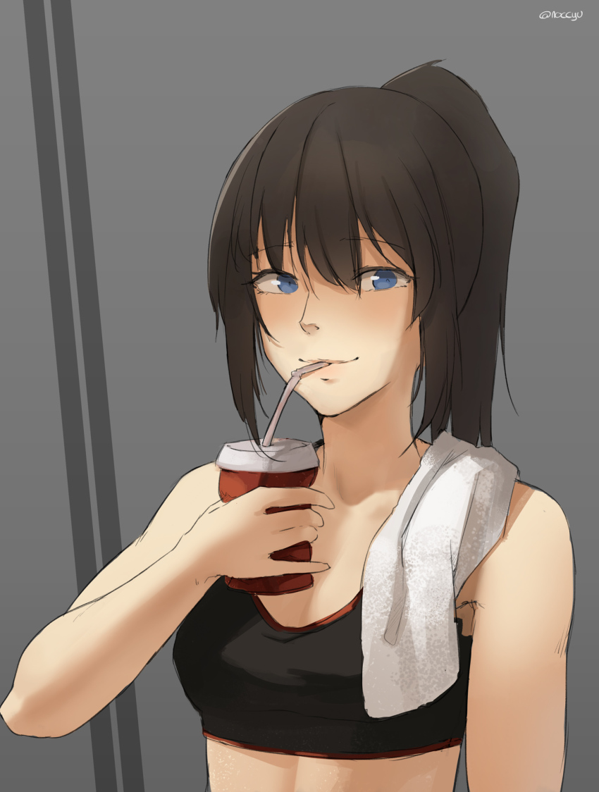 1girl black_hair blue_eyes breasts drinking_straw female_focus highres ishido_natsuo long_hair noccu small_breasts smile solo sports_bra teppu towel towel_around_neck twitter_username upper_body