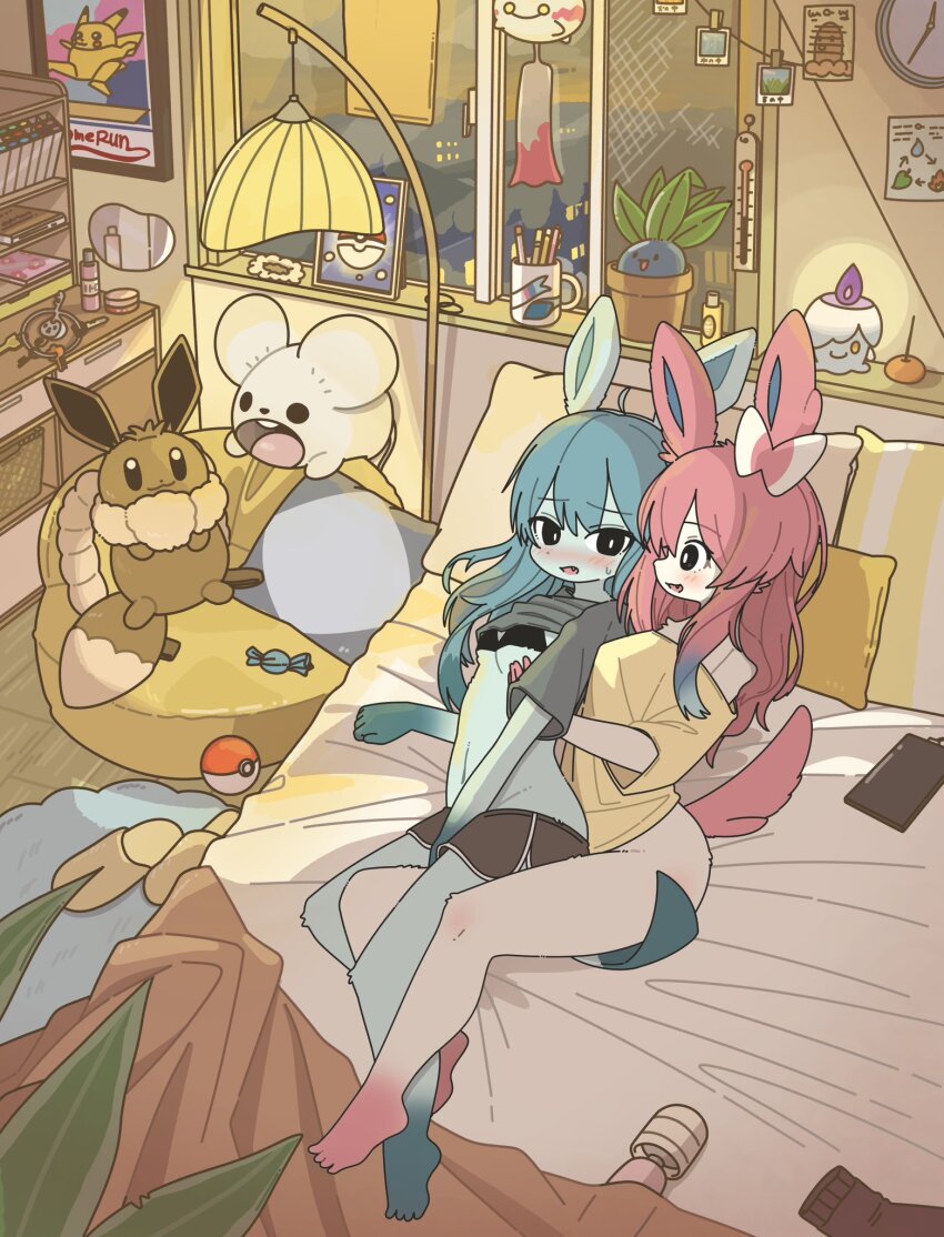 2girls animal_ears bedroom black_bra blue_hair blush body_fur bottomless bra bra_lift breasts candle candy cellphone charging_device clothes_lift coffee_mug creatures_(company) cup dolphin_shorts eevee fang food furry furry_female game_freak gen_1_pokemon gen_4_pokemon gen_6_pokemon glaceon grabbing_another&#039;s_breast grabbing_from_behind grey_shirt grey_shorts groping highres hitachi_magic_wand indoors key lamp long_hair looking_at_another mike_no_hito mug multiple_girls nintendo off-shoulder_shirt off_shoulder on_bed personification phone pikachu pillow pink_hair poke_ball pokemon poster_(object) rabbit_ears sex_toy shirt shirt_lift short_shorts short_sleeves shorts slippers small_breasts smartphone sweatdrop sylveon tail thermometer toes underwear unworn_slippers vibrator window yellow_shirt yuri