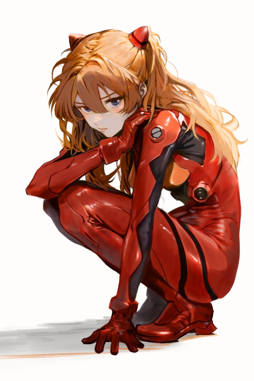 1girl absurdres arm_support blue_eyes bodysuit brown_hair curvy full_body hand_on_own_shoulder highres interface_headset knandraw long_hair looking_at_viewer mecha_pilot_suit neon_genesis_evangelion plugsuit procreate_(medium) red_bodysuit shiny_clothes souryuu_asuka_langley squatting wide_hips