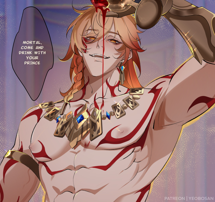 1boy abs alcohol arm_tattoo arm_up armpits blonde_hair braid chalice chest_tattoo cup earrings facial_tattoo gold_earrings gold_necklace highres honkai:_star_rail honkai_(series) jewelry male_focus muscular muscular_male mydei_(honkai:_star_rail) neck_tattoo necklace orange_eyes pouring pouring_onto_self red_tattoo side_braid solo tattoo toned toned_male wine yeobosan