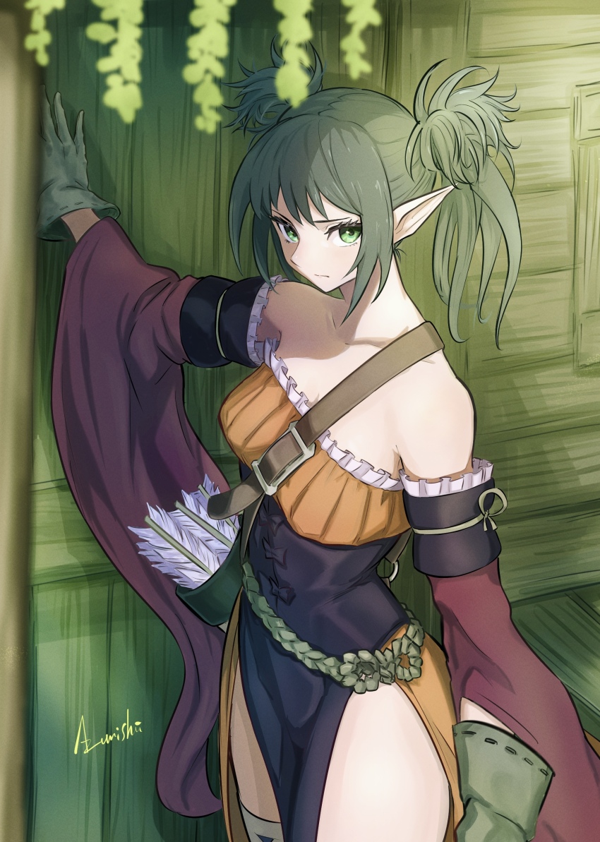 1girl absurdres arrow_(projectile) bare_shoulders black_hair breasts closed_mouth collarbone commentary_request detached_sleeves dress elf frills gloves green_eyes green_gloves highres long_sleeves looking_at_viewer medium_breasts off-shoulder_dress off_shoulder pointy_ears quiver ridiel_(unicorn_overlord) rooru_kyaabetsu shoulder_strap side_slit sidelocks signature solo twintails unicorn_overlord wide_sleeves wooden_wall